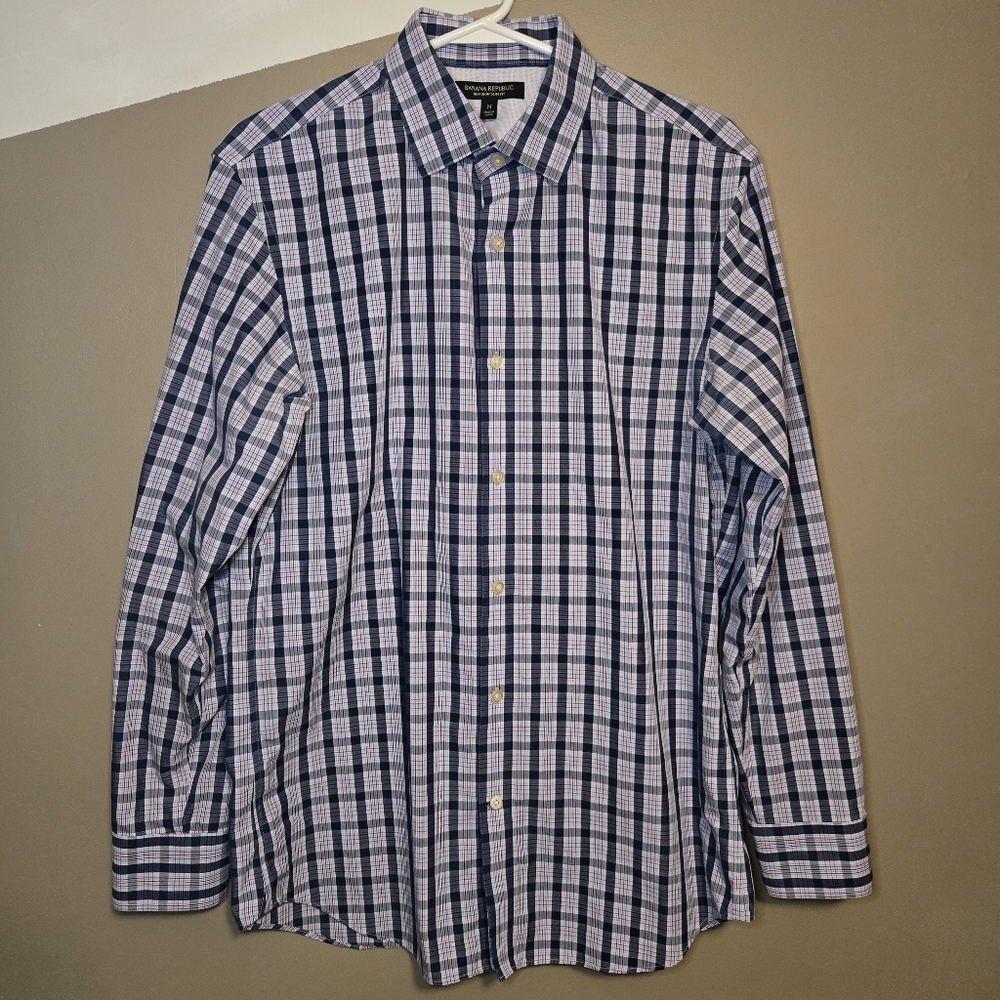 Banana Republic Men's Slim Fit Non Iron Plaid Button Up Shirt Size Medium Preppy